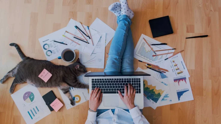 Employé travaillant en télétravail assis sur le sol à côté de son chat