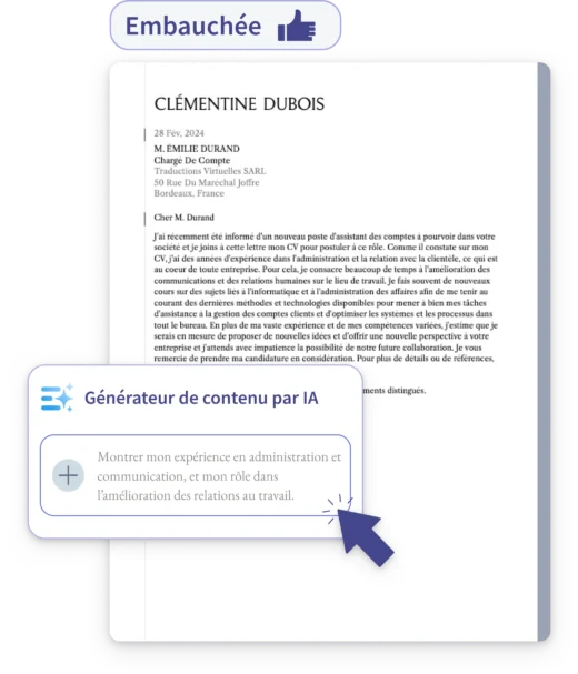 Aperçu d’une lettre de motivation générée par IA avec surlignage d’une suggestion de contenu personnalisée