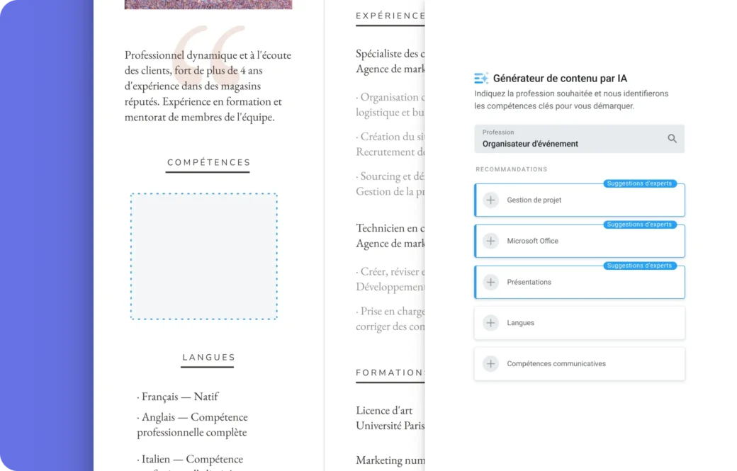 Sélection des compétences les plus pertinentes en un clic pour enrichir votre CV efficacement