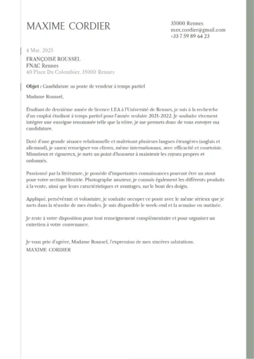 Lettre de motivation pour un poste de vendeur &agrave; temps partiel &agrave; la FNAC (job &eacute;tudiant).