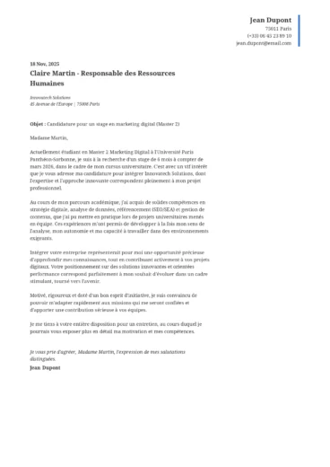 Lettre de motivation pour un stage en marketing digital, avec en-t&ecirc;te professionnel, objet, pr&eacute;sentation du parcours acad&eacute;mique et conclusion formelle.