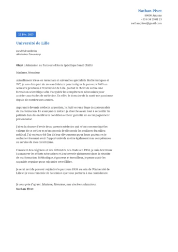 Lettre de motivation pour une candidature au parcours PASS, adress&eacute;e &agrave; une facult&eacute; de m&eacute;decine, avec structure formelle et argumentation acad&eacute;mique.