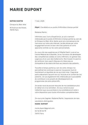 Lettre de motivation pour un poste &agrave; temps partiel, avec mise en page moderne, coordonn&eacute;es visibles et contenu professionnel structur&eacute;.