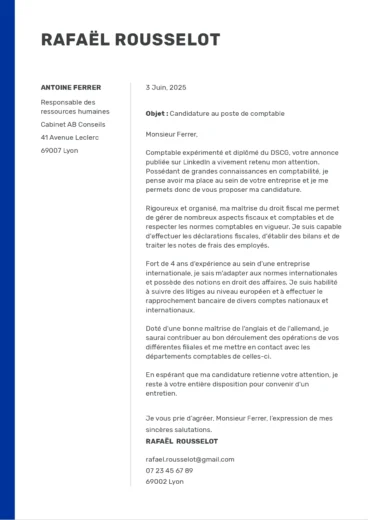 Lettre de motivation pour un poste de comptable, avec mise en page professionnelle, compétences financières détaillées et expérience confirmée.