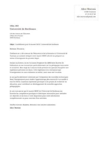Lettre de motivation pour une candidature en master, adress&eacute;e &agrave; une universit&eacute;, avec structure acad&eacute;mique formelle et contenu argument&eacute;.