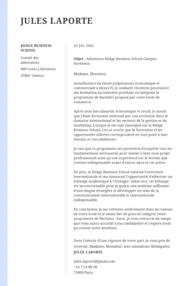 Lettre de motivation pour une candidature à une grande école de commerce, avec structure académique formelle et projet professionnel orienté international.