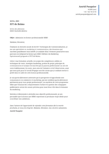 Lettre de motivation pour une candidature en licence professionnelle, avec structure académique et projet professionnel détaillé.