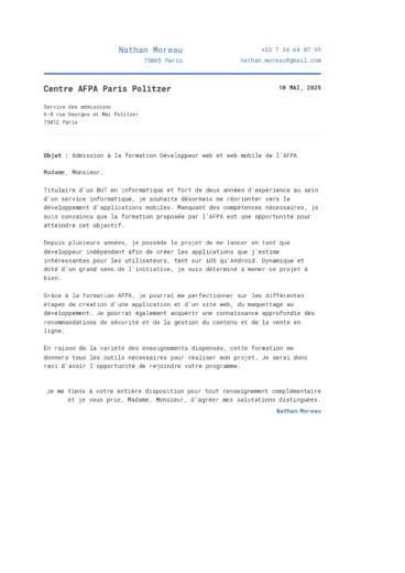 Lettre de motivation pour une admission en formation professionnelle &agrave; l&rsquo;AFPA, orient&eacute;e reconversion en d&eacute;veloppement web et mobile.