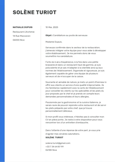 Lettre de motivation pour un poste de serveuse, avec mise en page professionnelle et mise en avant de l’expérience en restauration.