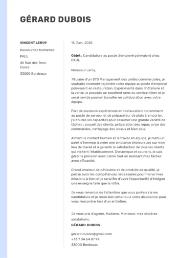 Lettre de motivation pour un poste d’employé polyvalent en restauration, avec mise en page professionnelle et présentation des compétences opérationnelles.
