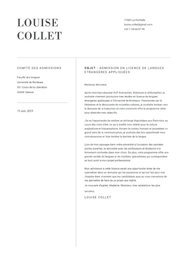 Lettre de motivation pour une candidature en licence de langues étrangères appliquées, avec mise en page académique et argumentation structurée.