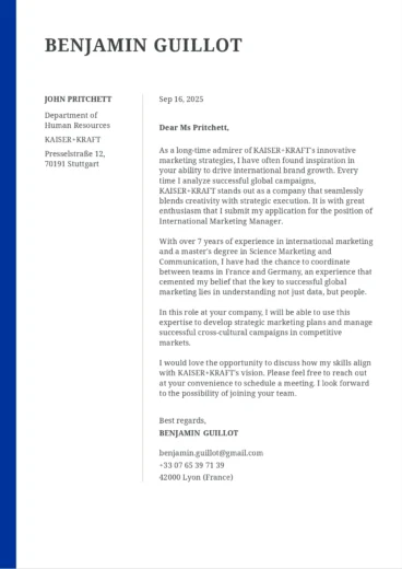 Lettre de motivation en anglais pour un poste de responsable marketing international, avec structure professionnelle et argumentation orient&eacute;e strat&eacute;gie et management.