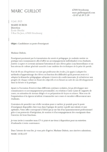 Lettre de motivation pour un enseignant, avec mise en avant de l&rsquo;exp&eacute;rience p&eacute;dagogique et de l&rsquo;accompagnement des &eacute;l&egrave;ves.