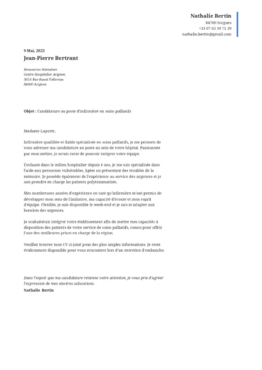 Lettre de motivation pour un poste d&rsquo;infirmi&egrave;re, avec structure professionnelle et exp&eacute;rience hospitali&egrave;re d&eacute;taill&eacute;e.