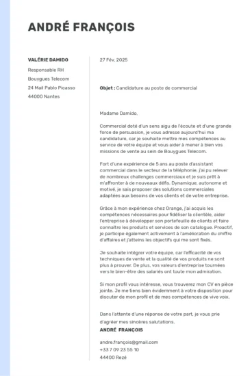Lettre de motivation pour un poste de commercial, avec mise en avant de l’expérience en vente, de la relation client et des objectifs commerciaux.