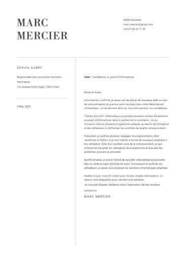 Lettre de motivation pour un poste d&rsquo;informaticien, avec mise en page professionnelle et pr&eacute;sentation de comp&eacute;tences techniques en programmation.