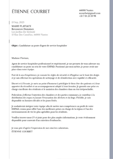 Lettre de motivation pour un agent de service hospitalier (ASH), mettant en avant l’hygiène, l’entretien des locaux et le bien-être des résidents en EHPAD.