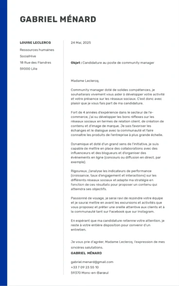 Lettre de motivation pour un poste de community manager, mettant en avant la gestion des réseaux sociaux, la création de contenu et l’analyse des performances.