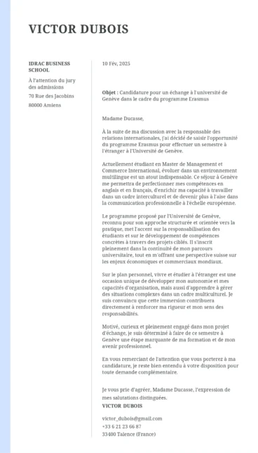Lettre de motivation pour une candidature au programme Erasmus, visant un échange universitaire à l’Université de Genève.