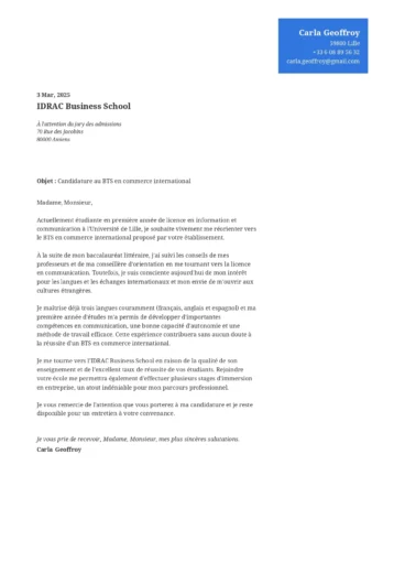 Lettre de motivation pour une réorientation des études supérieures, mettant en avant un changement de parcours vers un BTS en commerce international.