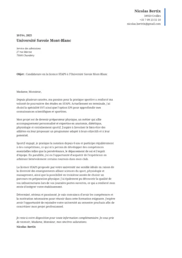 Lettre de motivation pour une licence STAPS, présentant un projet professionnel dans le domaine du sport et de la préparation physique.