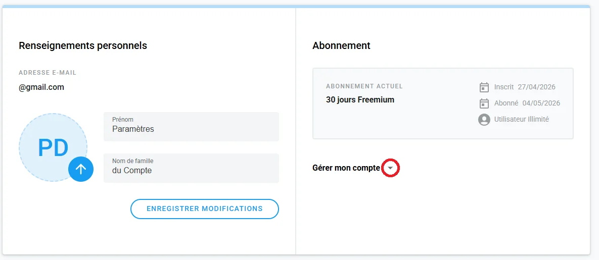 Paramètres du compte