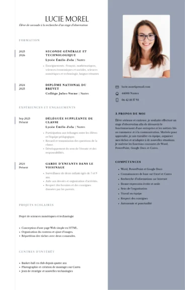 Exemple de CV pour une élève de seconde au lycée