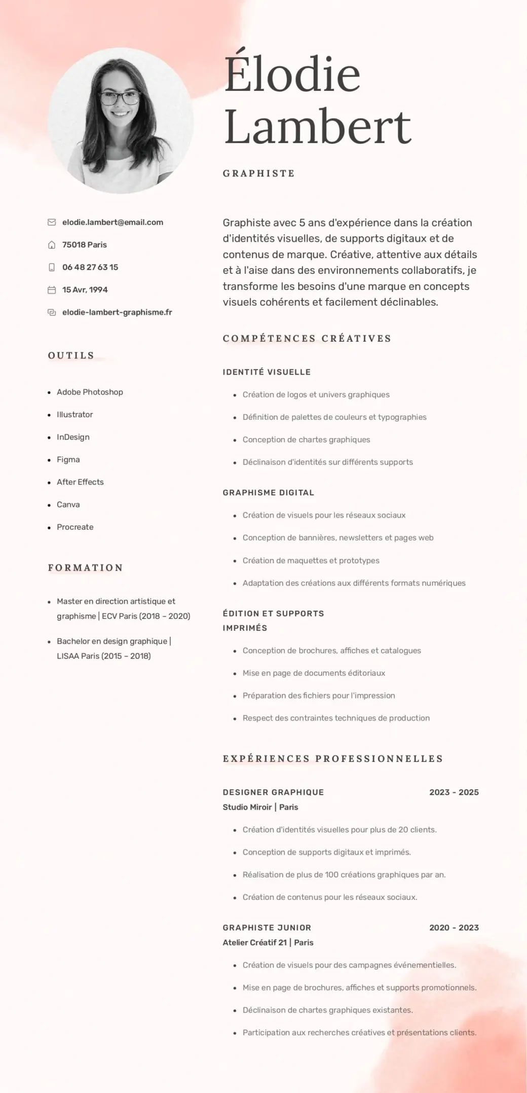 Modèle de CV par compétences créatif pour une graphiste