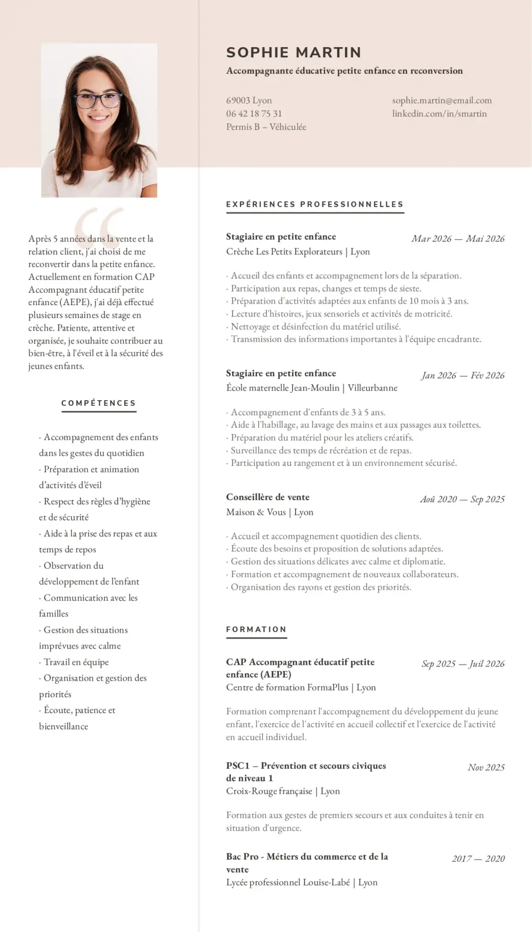 Modèle de CV pour une reconversion professionnelle dans la petite enfance