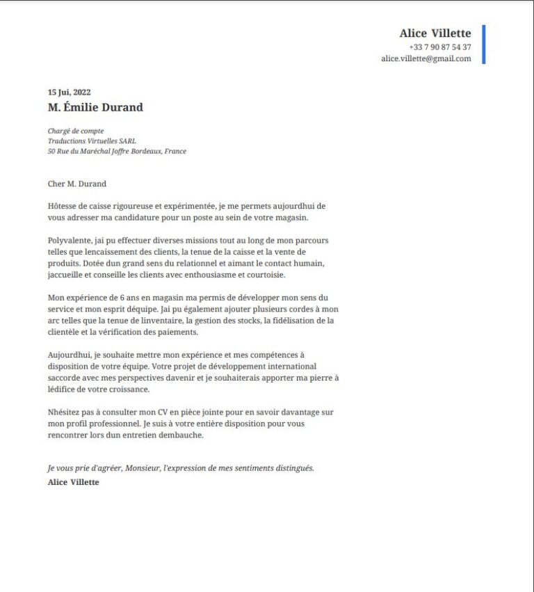 Lettre de motivation d'hôtesse de caisse  OnlineCV