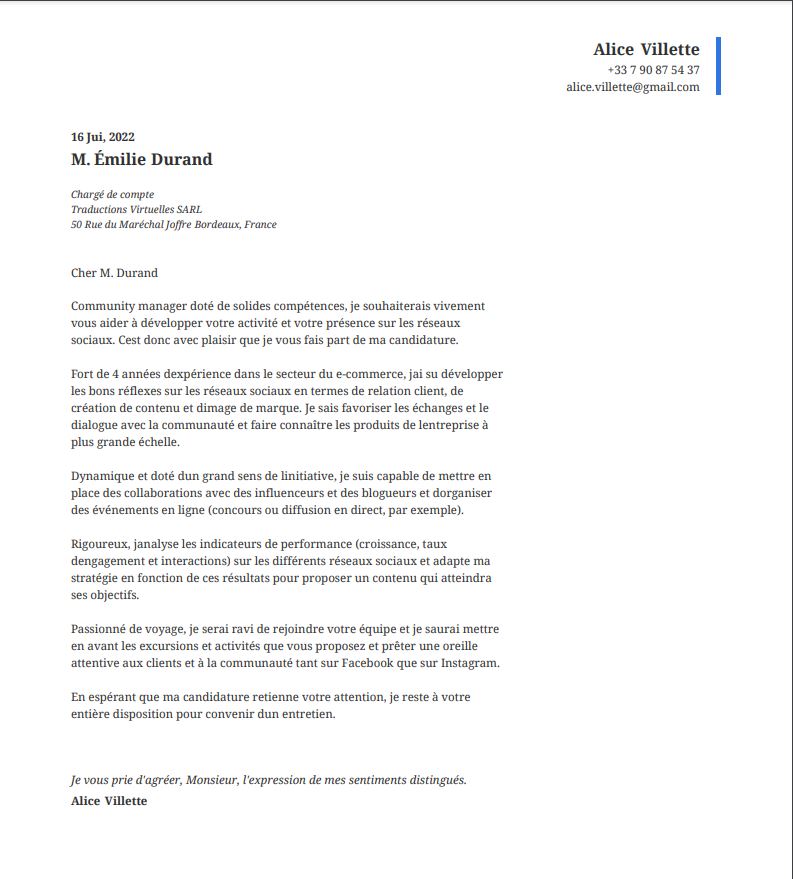 Lettre De Motivation De Community Manager | OnlineCV